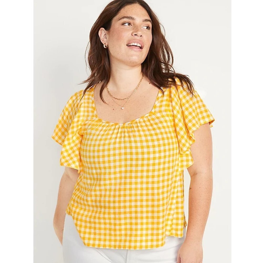 NWT Old Navy Womens Gingham Linen Blend Tie Back Flutter Sleeve Top